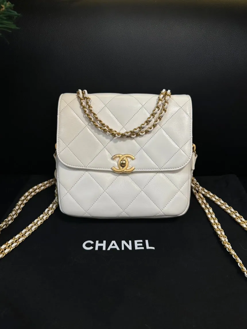Chanel 23P White Leather Quilted Backpack Medium Size