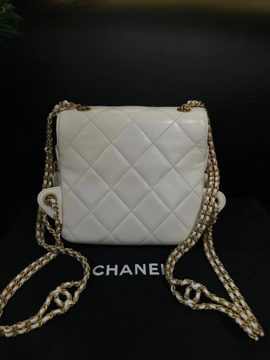 Chanel 23P White Leather Quilted Backpack Medium Size