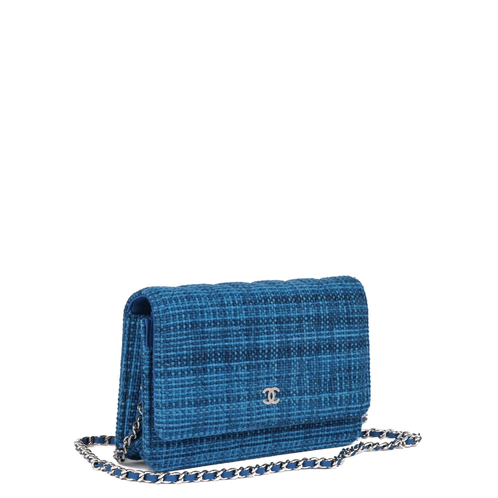 Chanel Blue Quilted Tweed Fabric Wallet-on-Chain WOC Shoulder Bag