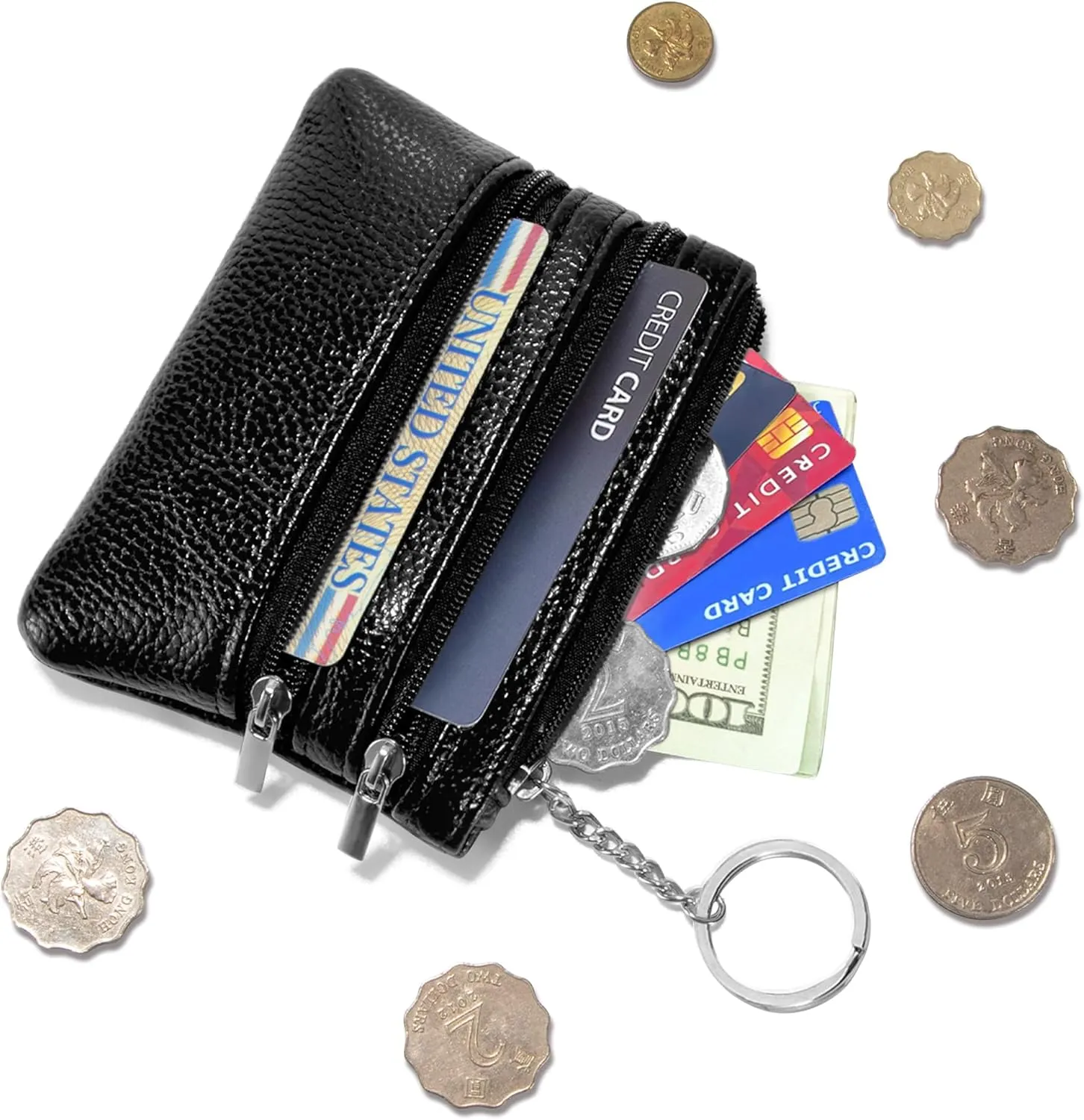 Chelmon 2 Pack Coin Purse Pouch Change Card Holder Small Wallet with Keychain for Women and Men (Black & Black)