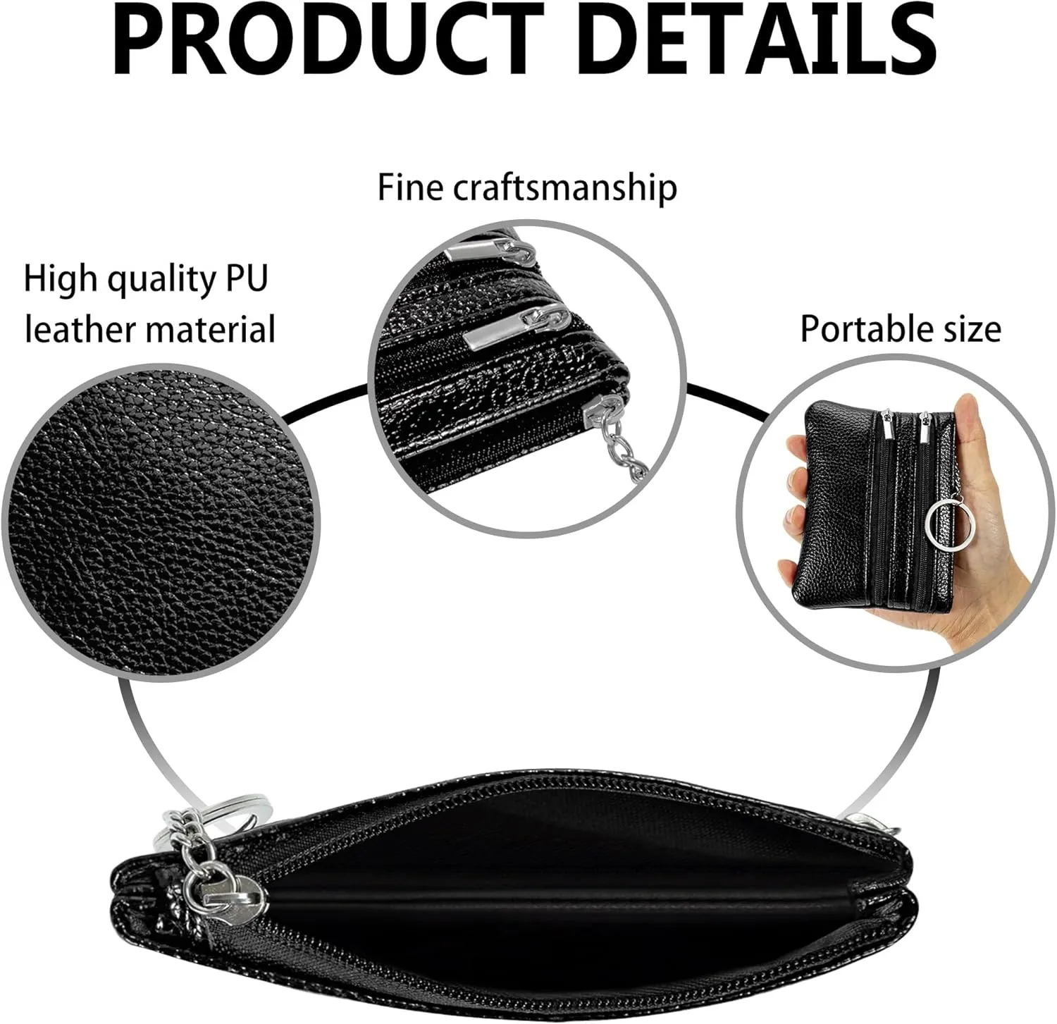 Chelmon 2 Pack Coin Purse Pouch Change Card Holder Small Wallet with Keychain for Women and Men (Black & Black)