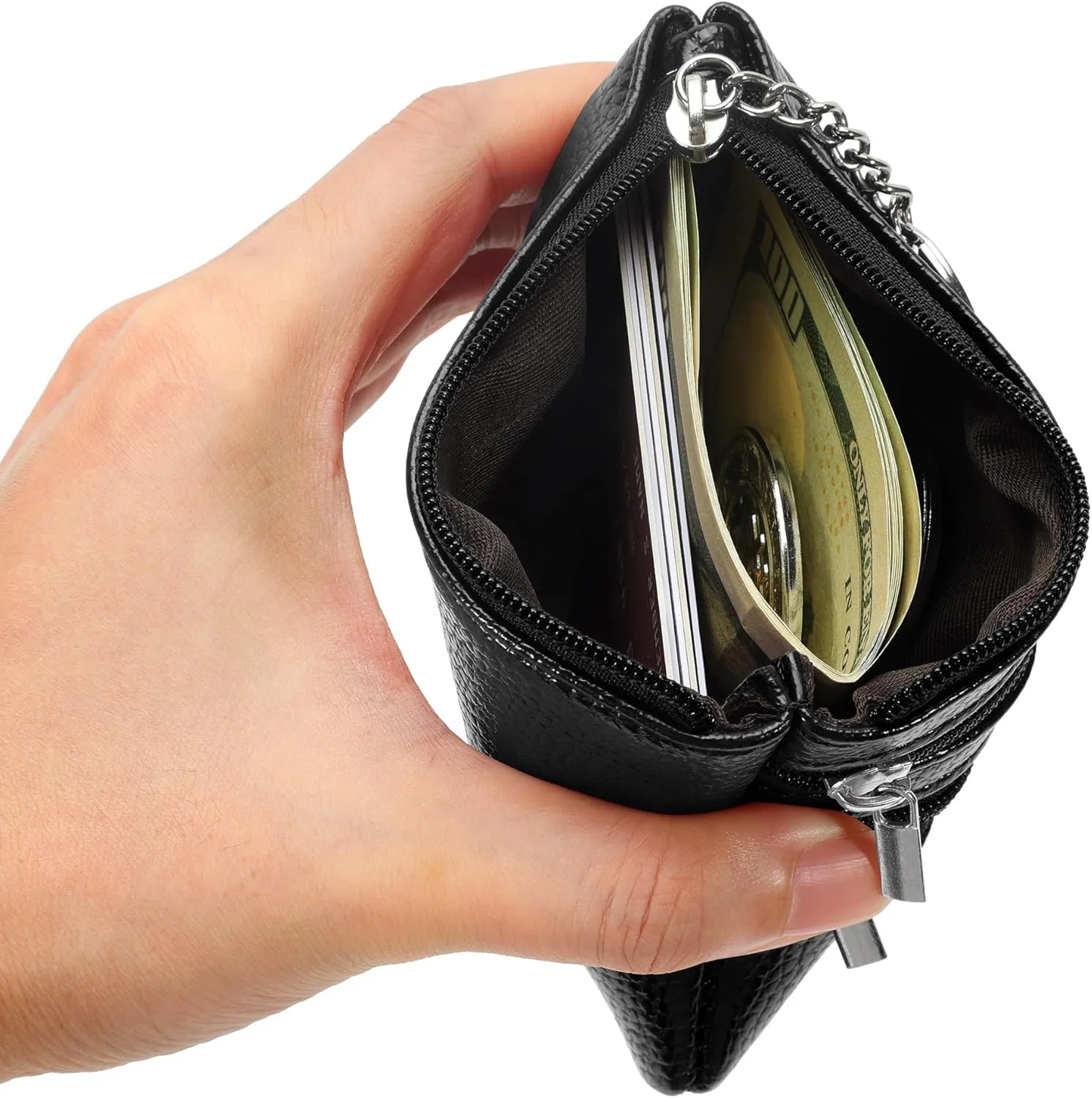 Chelmon 2 Pack Coin Purse Pouch Change Card Holder Small Wallet with Keychain for Women and Men (Black & Black)