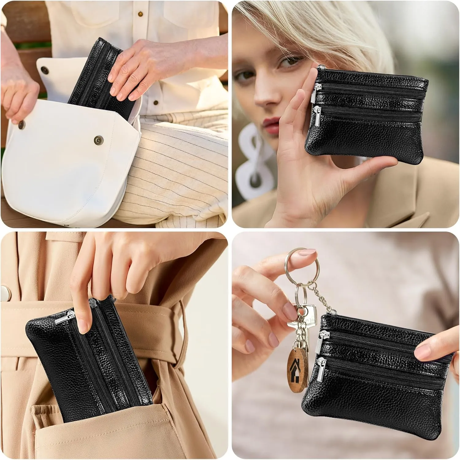 Chelmon 2 Pack Coin Purse Pouch Change Card Holder Small Wallet with Keychain for Women and Men (Black & Black)