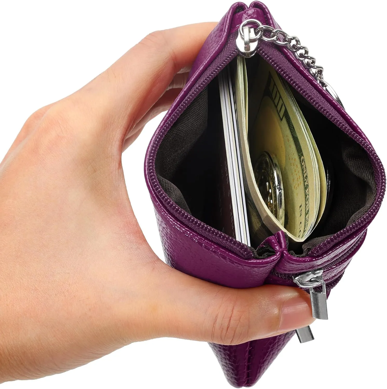 Chelmon 2 Pack Coin Purse Pouch Change Card Holder Small Wallet with Keychain for Women and Men (Purple & Purple)