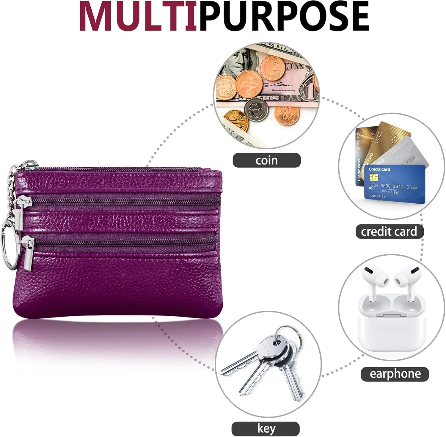 Chelmon 2 Pack Coin Purse Pouch Change Card Holder Small Wallet with Keychain for Women and Men (Purple & Purple)