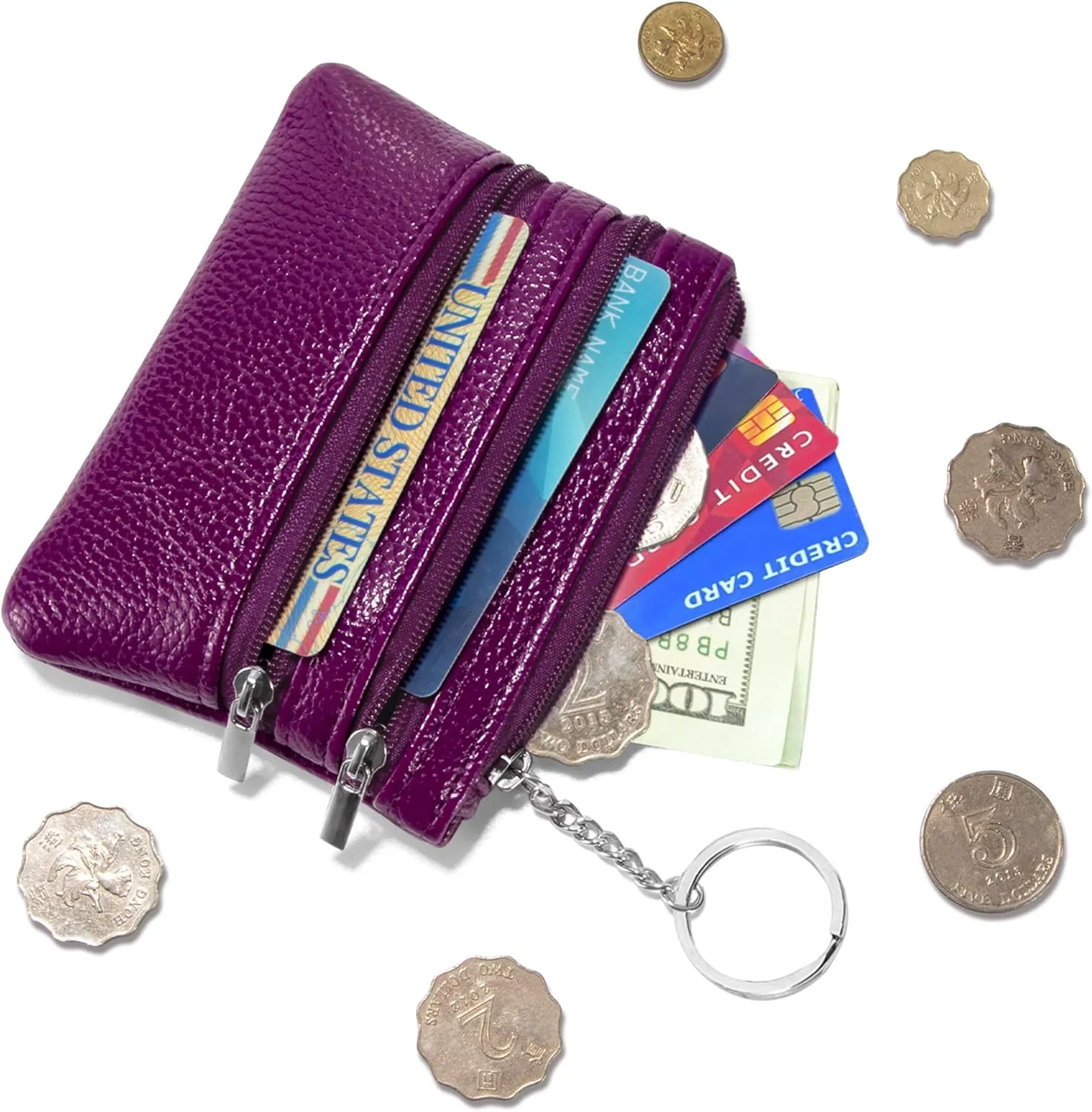 Chelmon 2 Pack Coin Purse Pouch Change Card Holder Small Wallet with Keychain for Women and Men (Purple & Purple)