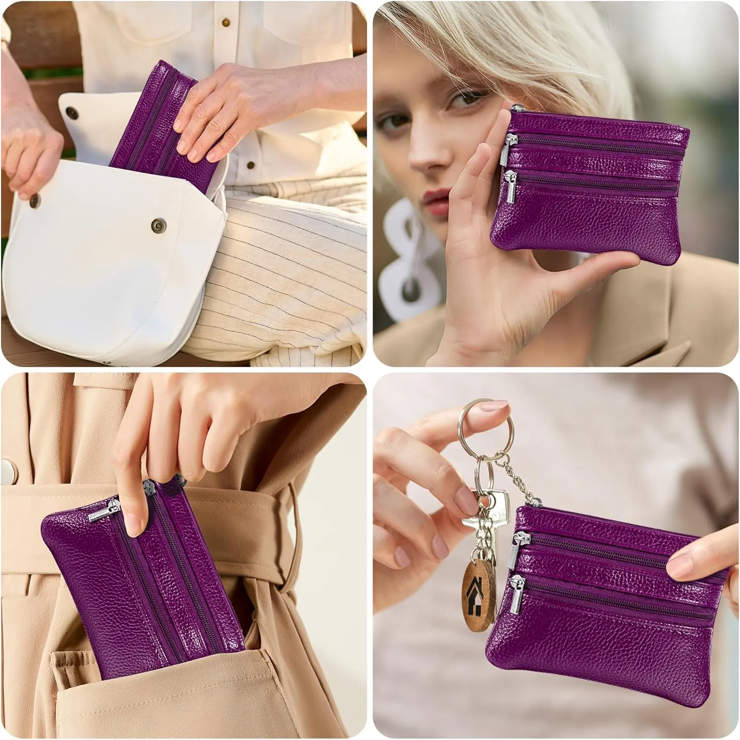 Chelmon 2 Pack Coin Purse Pouch Change Card Holder Small Wallet with Keychain for Women and Men (Purple & Purple)