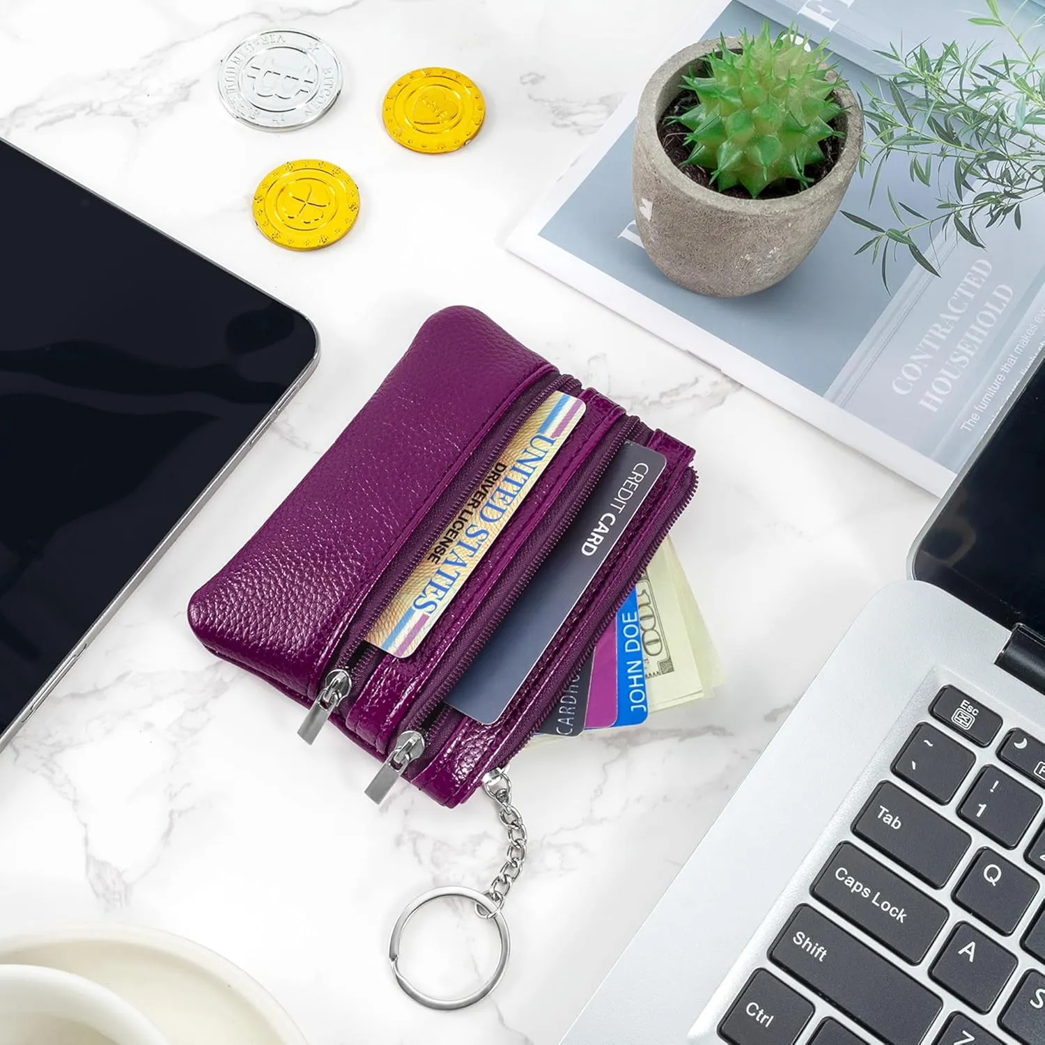 Chelmon 2 Pack Coin Purse Pouch Change Card Holder Small Wallet with Keychain for Women and Men (Purple & Purple)