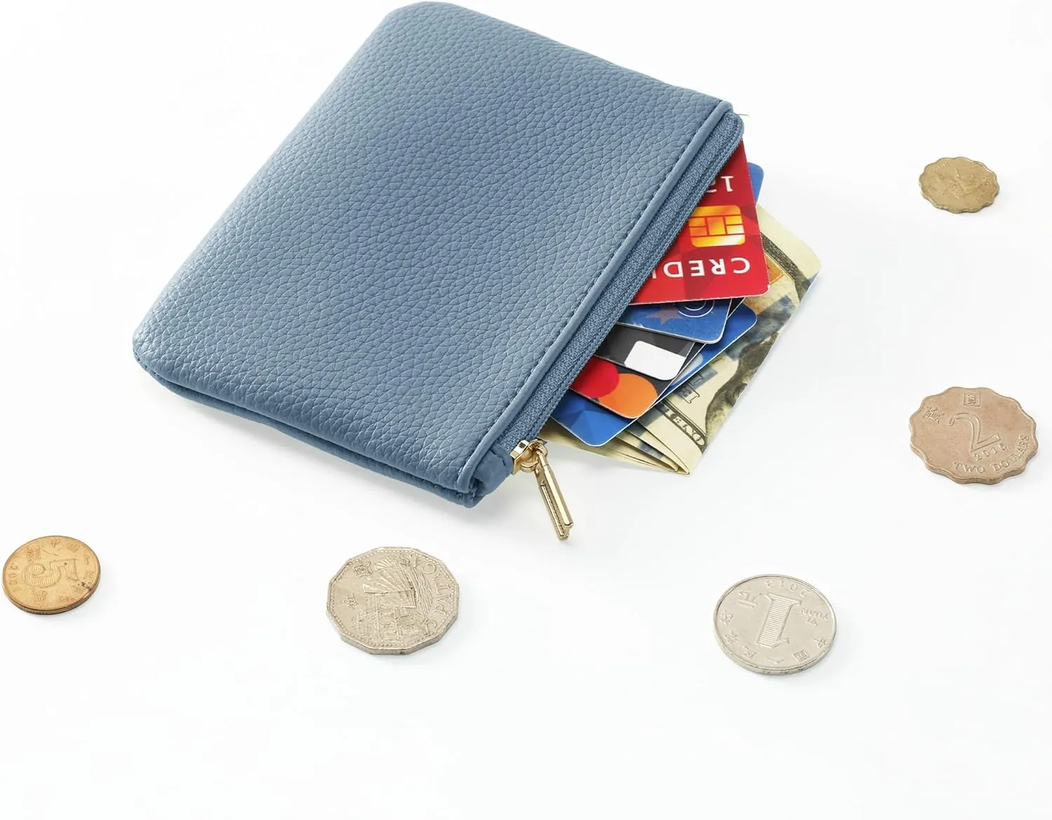 Chelmon PU Leather Coin Purse Pouch Change Holder Small With Zipper for Men Women 2 PCS Set (Black&Blue)