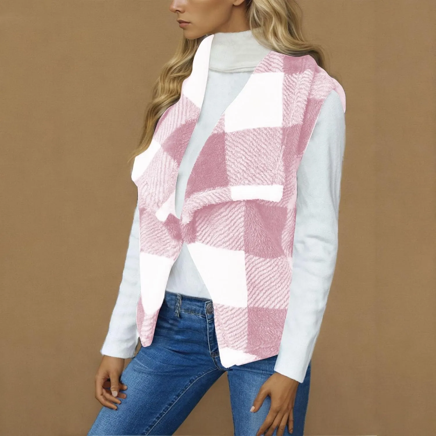Coats for Women Plaid Open Front Jackets Trendy Plaid Outerwear Oversized Warm Fuzzy Fleece Cardigan Outwear with Pockets