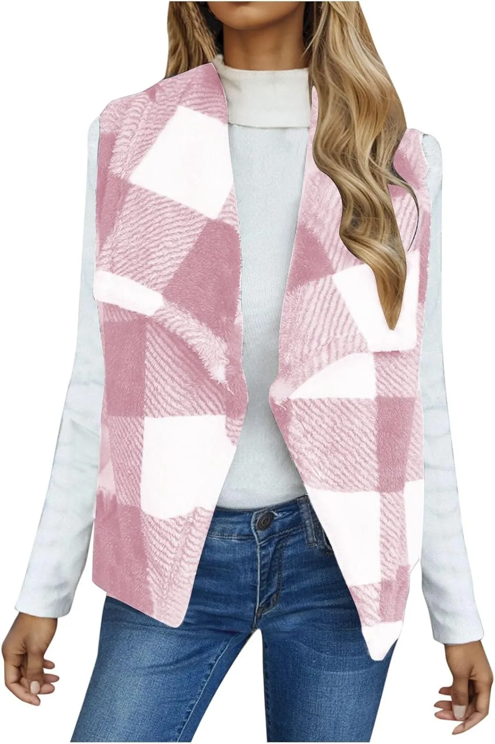 Coats for Women Plaid Open Front Jackets Trendy Plaid Outerwear Oversized Warm Fuzzy Fleece Cardigan Outwear with Pockets
