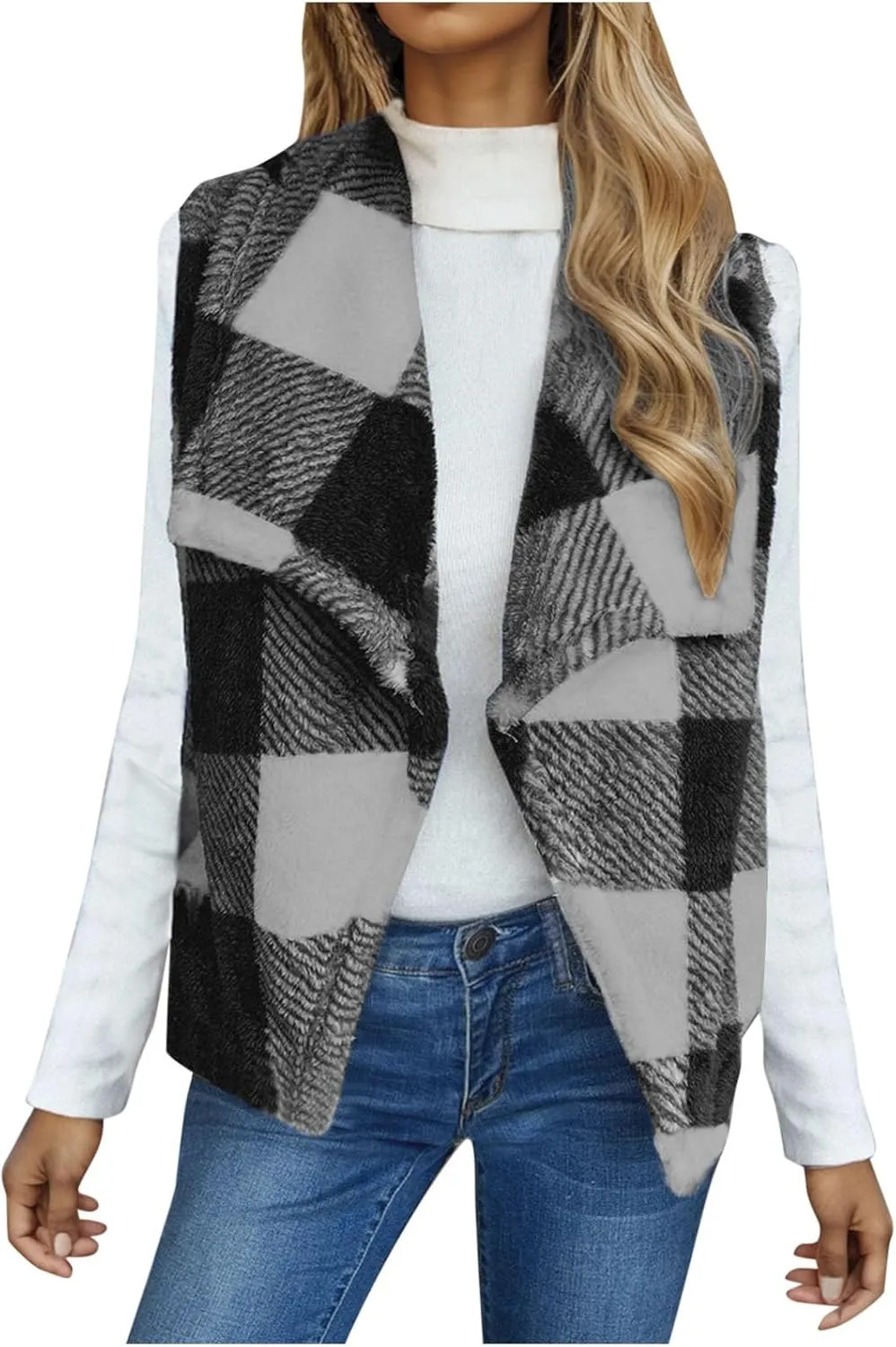 Coats for Women Plaid Open Front Jackets Trendy Plaid Outerwear Oversized Warm Fuzzy Fleece Cardigan Outwear with Pockets