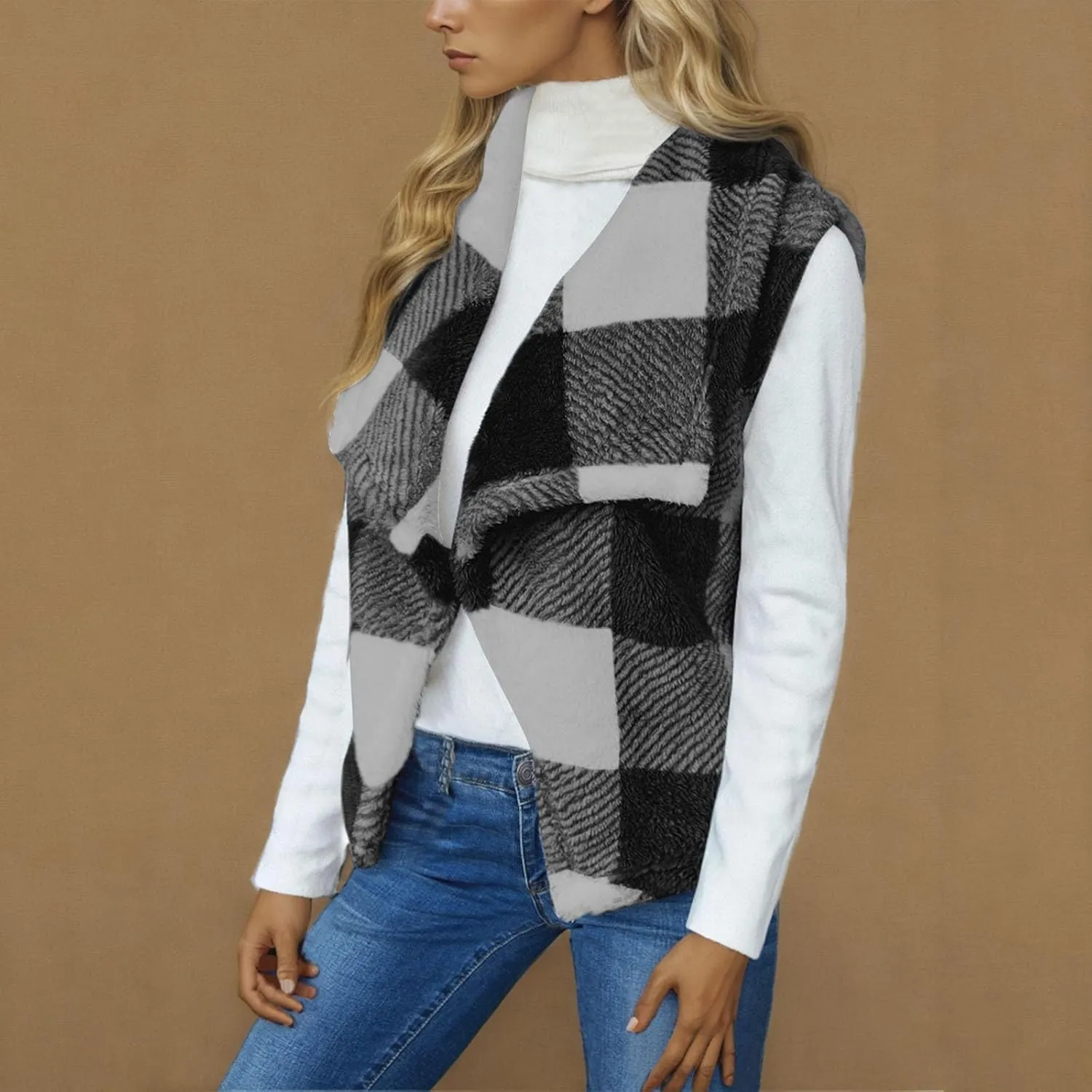 Coats for Women Plaid Open Front Jackets Trendy Plaid Outerwear Oversized Warm Fuzzy Fleece Cardigan Outwear with Pockets