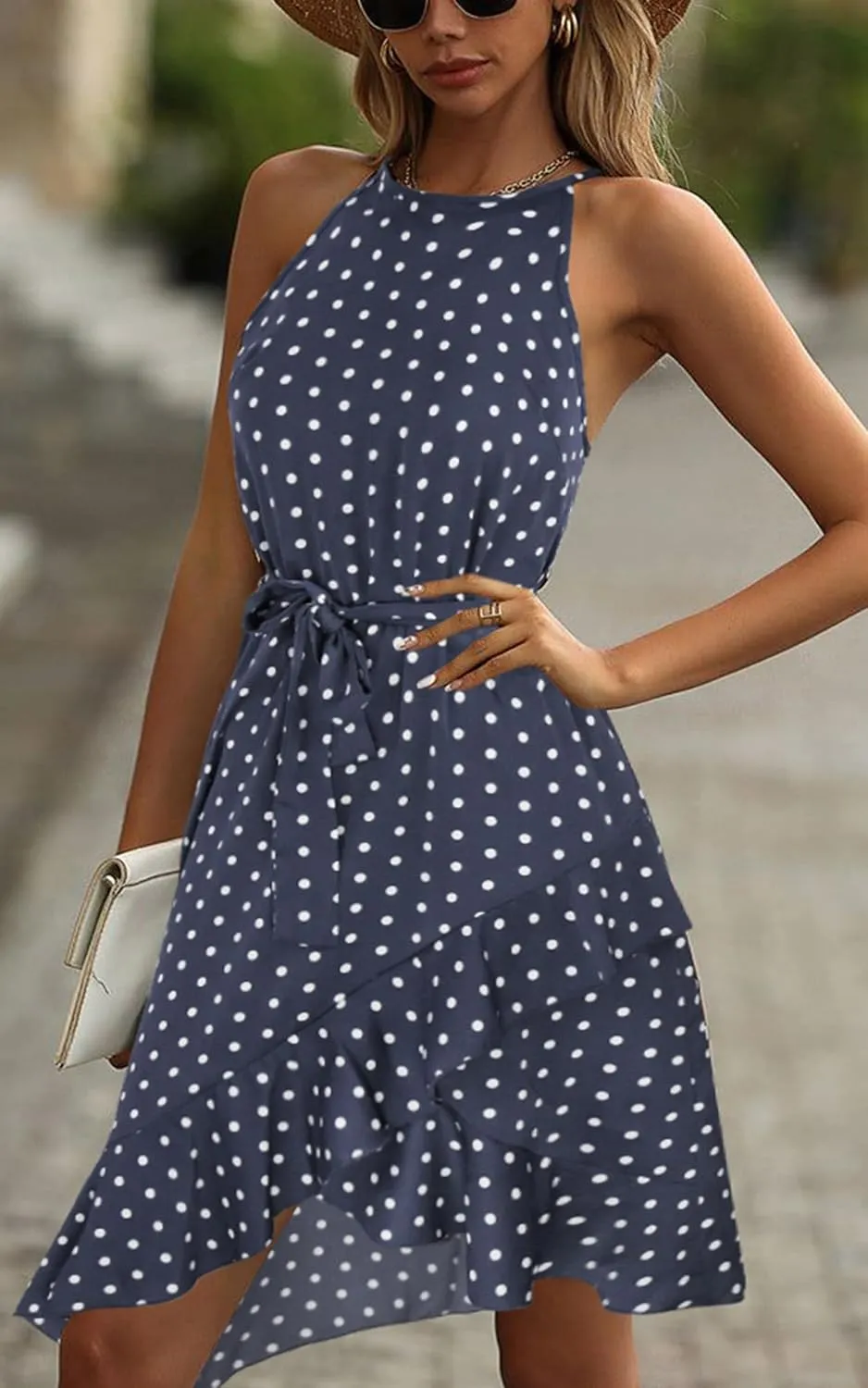 ECOWISH Polka Dot Women Summer Dress Flowy High Low Sleeveless Boho Floral Criss Cross Halterneck Cocktail Midi Sundress 2025