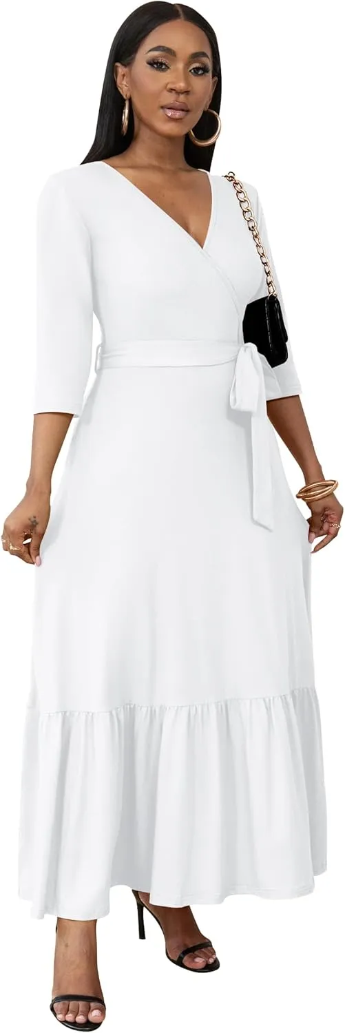 FANDEE Long Flowy Dresses for Women Summer V Neck Maxi Dress with Pockets, 3 4 Sleeve Solid Tie Belt A Line Tiered Dresses