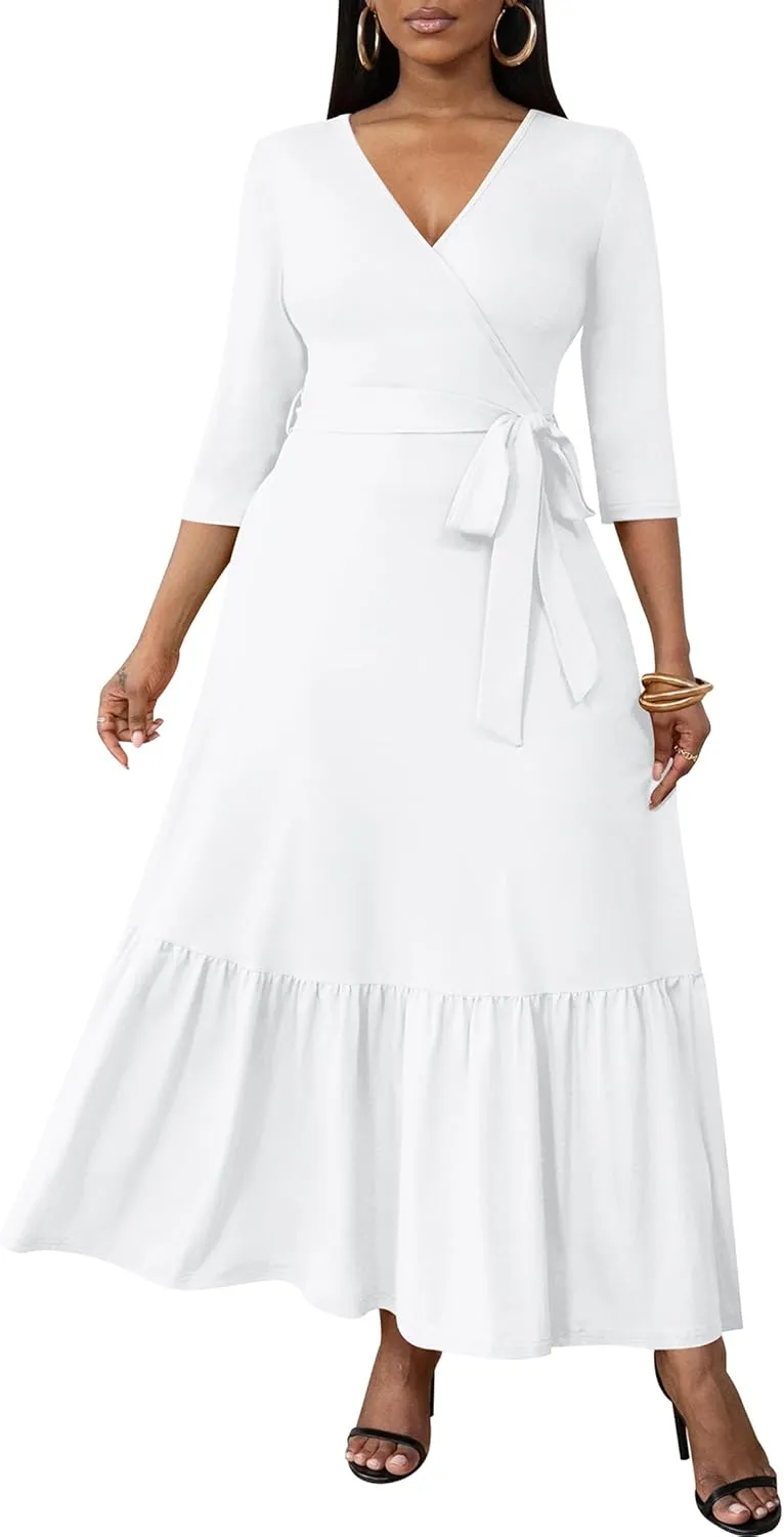 FANDEE Long Flowy Dresses for Women Summer V Neck Maxi Dress with Pockets, 3 4 Sleeve Solid Tie Belt A Line Tiered Dresses