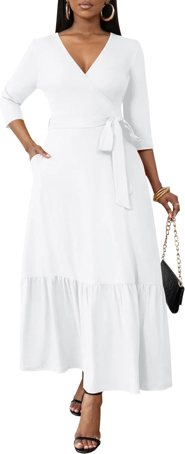 FANDEE Long Flowy Dresses for Women Summer V Neck Maxi Dress with Pockets, 3 4 Sleeve Solid Tie Belt A Line Tiered Dresses