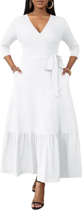 FANDEE Long Flowy Dresses for Women Summer V Neck Maxi Dress with Pockets, 3 4 Sleeve Solid Tie Belt A Line Tiered Dresses