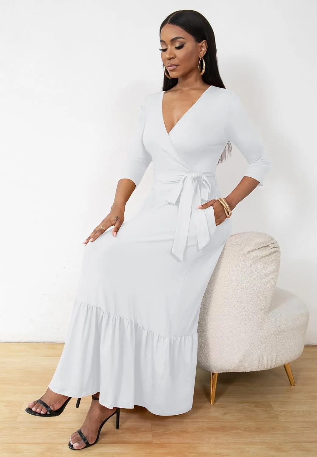 FANDEE Long Flowy Dresses for Women Summer V Neck Maxi Dress with Pockets, 3 4 Sleeve Solid Tie Belt A Line Tiered Dresses