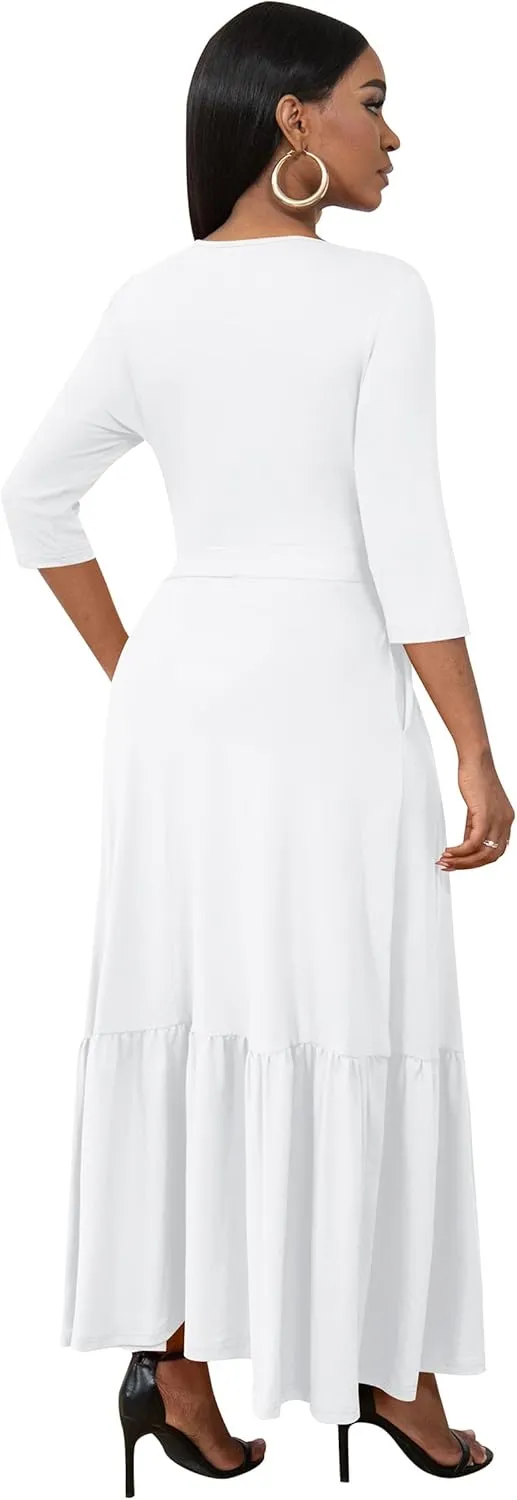 FANDEE Long Flowy Dresses for Women Summer V Neck Maxi Dress with Pockets, 3 4 Sleeve Solid Tie Belt A Line Tiered Dresses