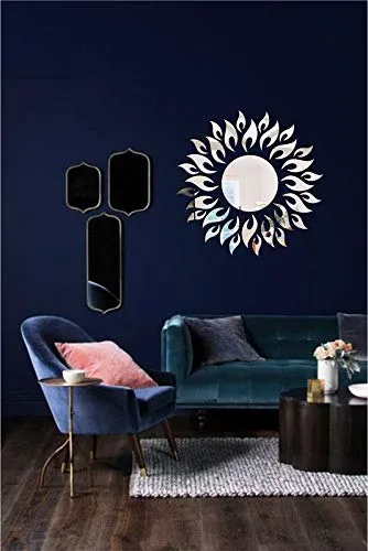 KC Decor Mirror Acrylic Silver Sun Flower Design Wall Decorative Sticker Self Adhesive (Mirror Acrylic )