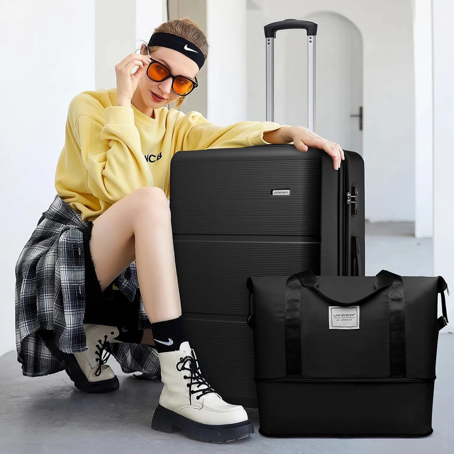 LARVENDER Luggage Sets 3 Piece with Duffel Bag, Hardside ABS Carry On suitcase sets with 360Spinner Wheels, Durable Luggage Set Clearance For Women Men, Black