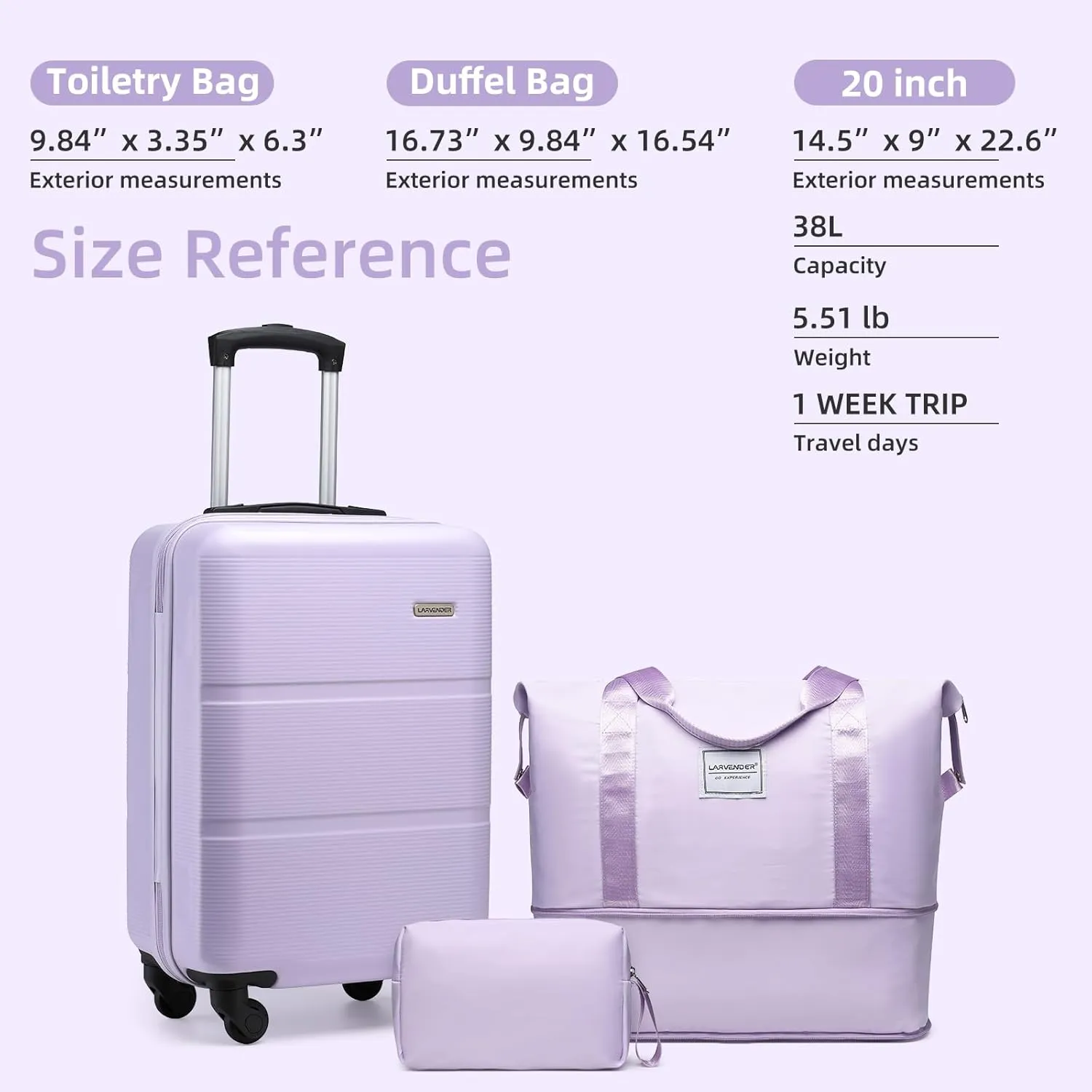 LARVENDER Luggage Sets 3 Piece with Duffel Bag, Hardside ABS Carry On suitcase sets with 360Spinner Wheels, Durable Luggage Set Clearance For Women Men, Lavender
