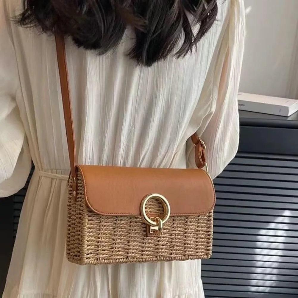 Retro Woven Crossbody Handbag Ladies Straw Shoulder Purses for Women Travel Beach Casual Commuter Satchels Square Bag