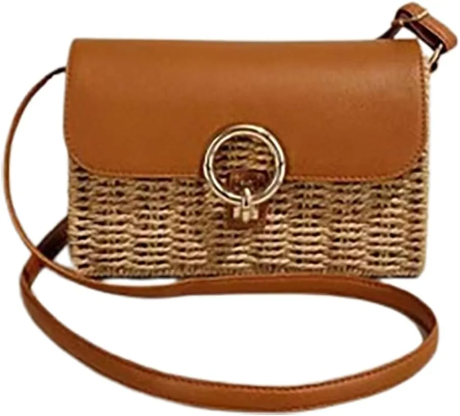 Retro Woven Crossbody Handbag Ladies Straw Shoulder Purses for Women Travel Beach Casual Commuter Satchels Square Bag