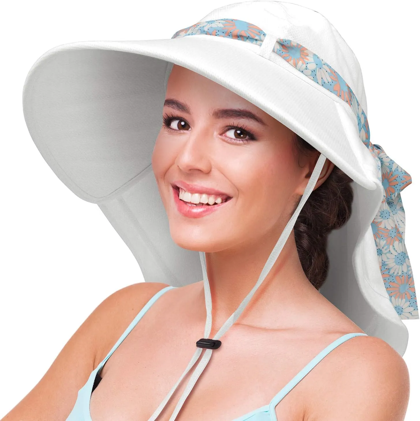Solaris UPF 50  Wide Brim Sun Hat for Women - Small Size Packable Lightweight, Floral Scarf Cooling Hat with Neck Flap for Beach, Gardening, Travel, Hiking & Outdoor Activities