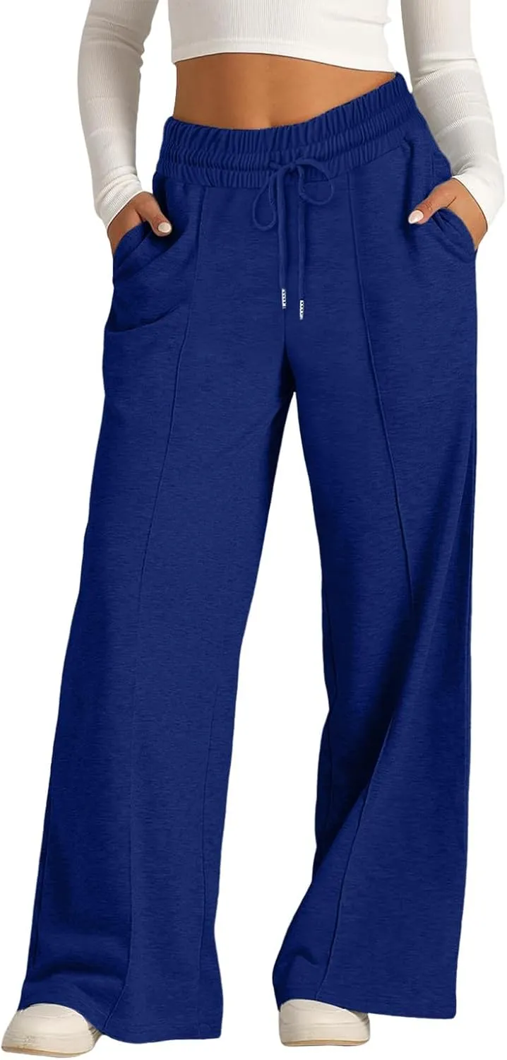 Wide Leg Trousers for Women Elasticated Waist Loose Stretch Sweatpants Casual Straight Plus Size Palazzo Pants with Pockets