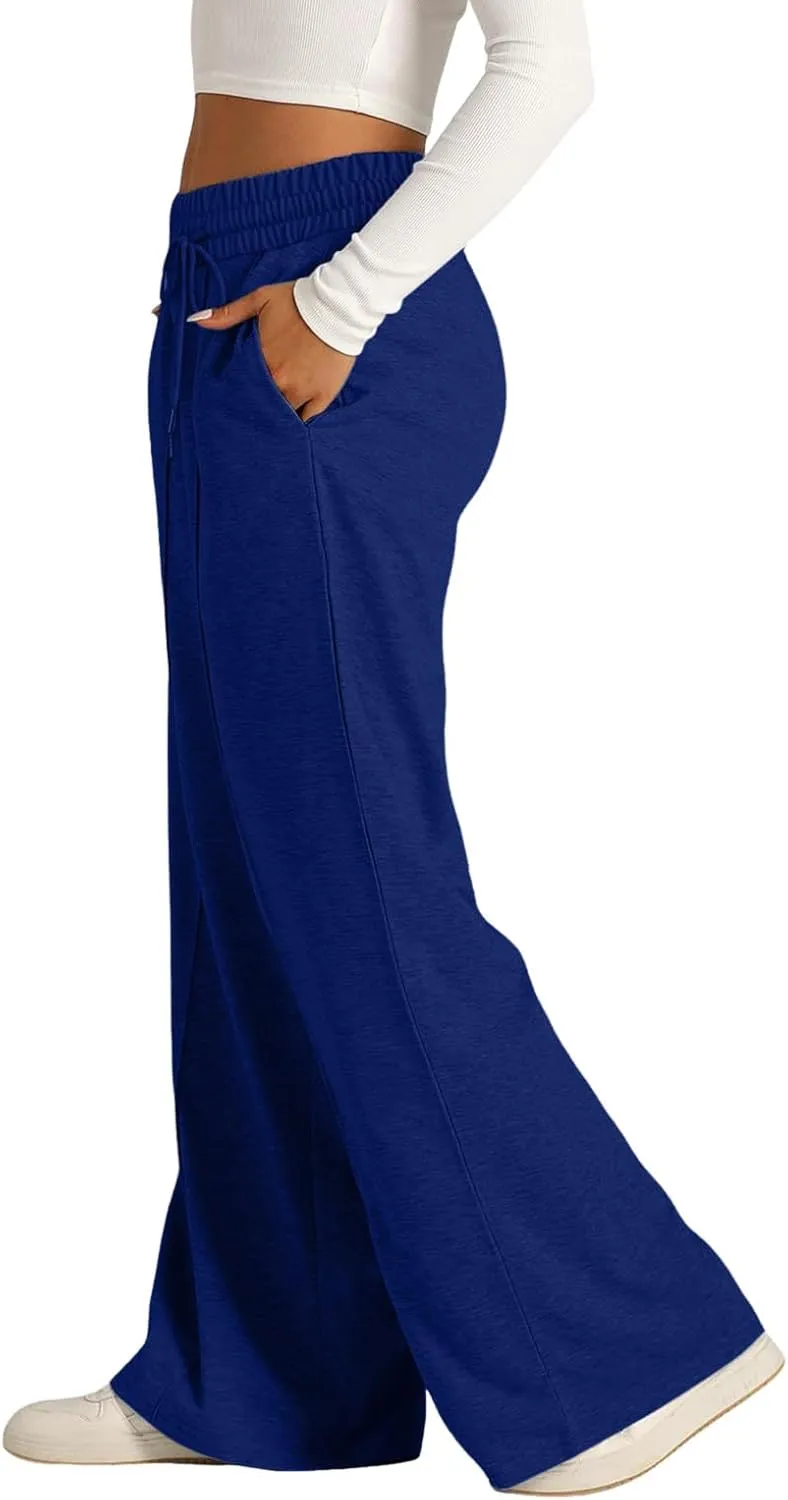 Wide Leg Trousers for Women Elasticated Waist Loose Stretch Sweatpants Casual Straight Plus Size Palazzo Pants with Pockets