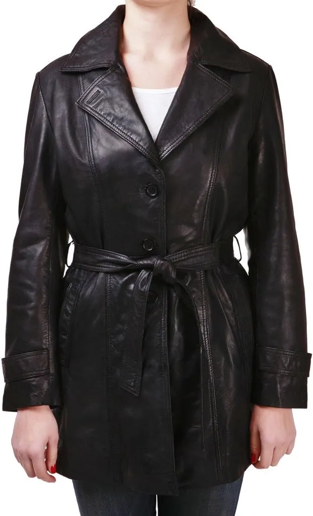 Women’s ¾ Long Black Leather Trench Coat with Belt Tie