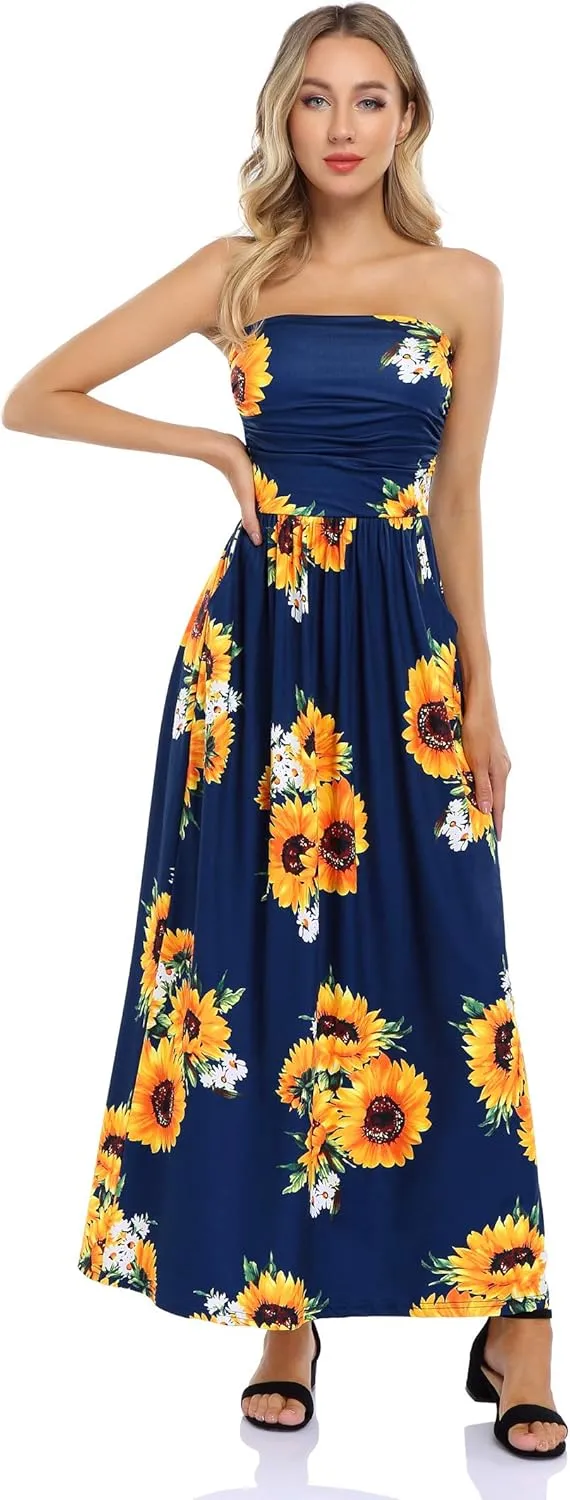 Womens Strapless Graceful Floral Party Maxi Dress