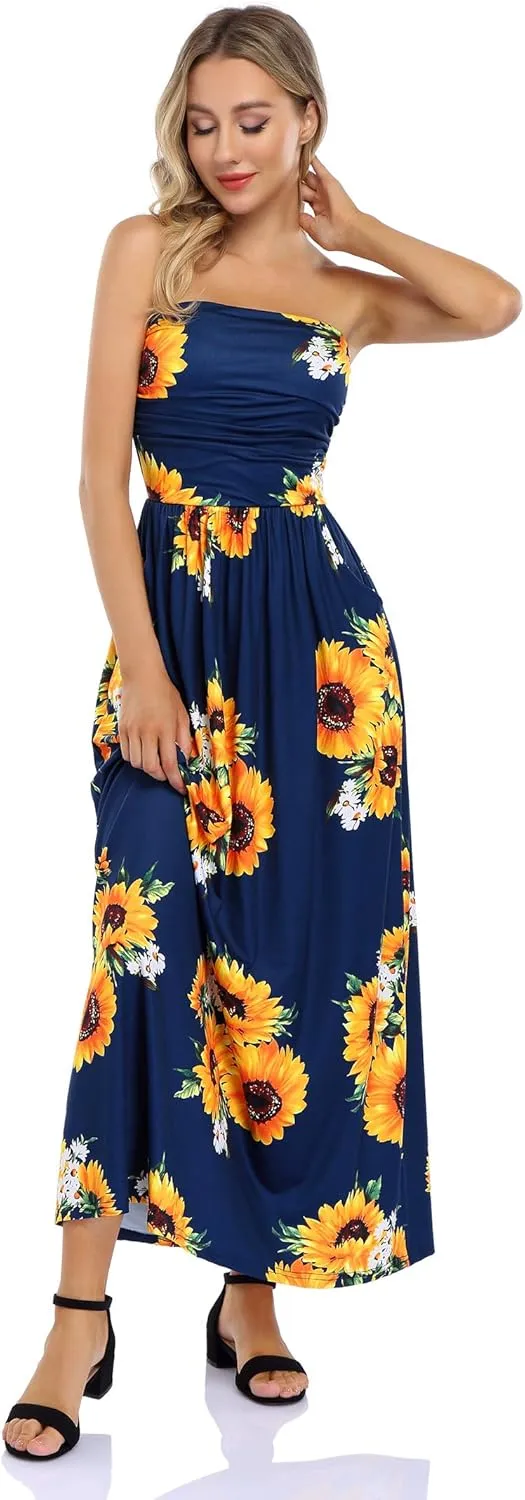 Womens Strapless Graceful Floral Party Maxi Dress