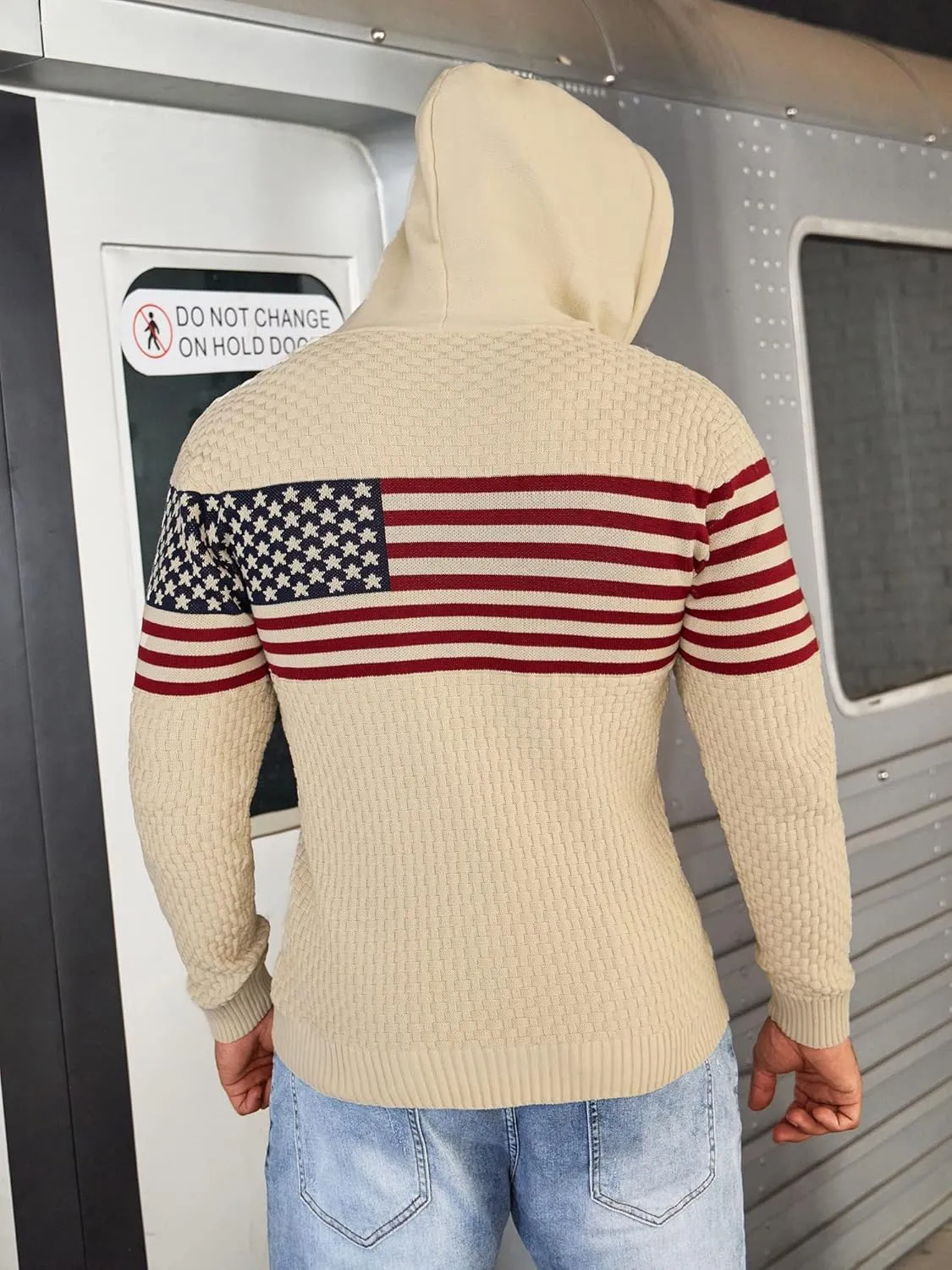 Zaitun Mens Hooded Sweatshirt Long Sleeve American Flag Knitted Hoodie Pullover Sweater