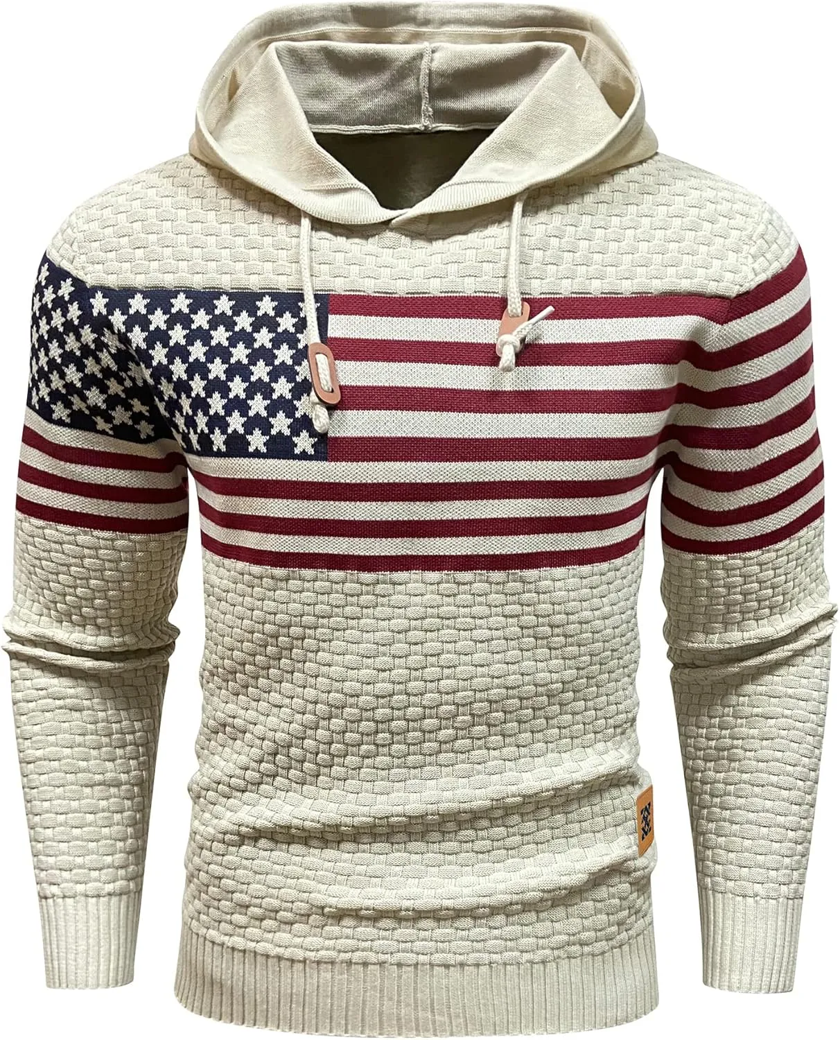 Zaitun Mens Hooded Sweatshirt Long Sleeve American Flag Knitted Hoodie Pullover Sweater