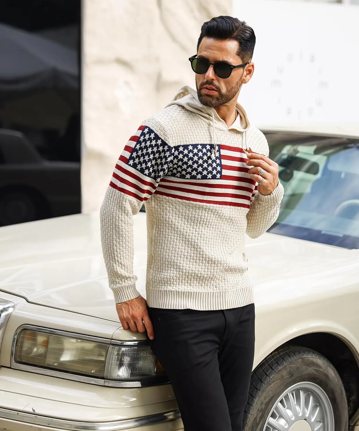 Zaitun Mens Hooded Sweatshirt Long Sleeve American Flag Knitted Hoodie Pullover Sweater
